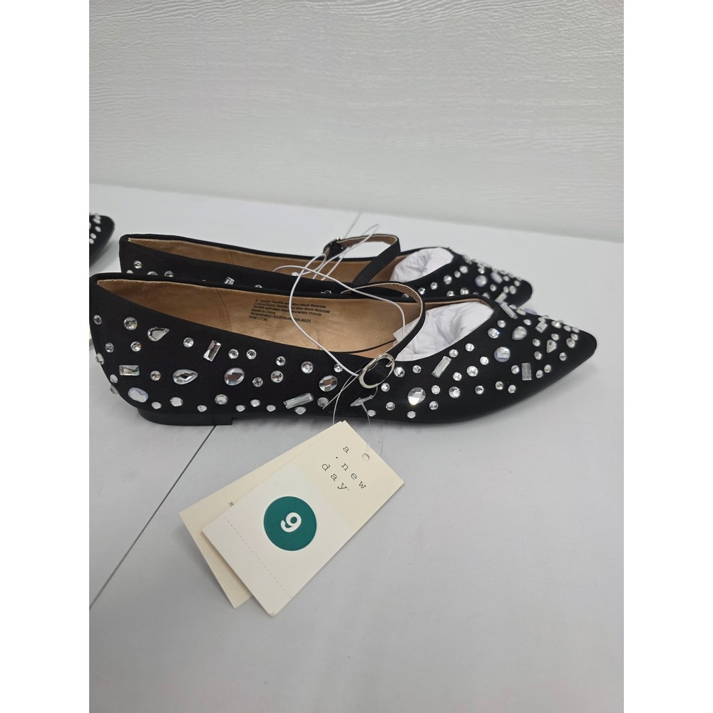 A New Day Womens Black Rhinestone Embellished Pointed Toe Mary Jane Flats Size 9 - Picture 2 of 5